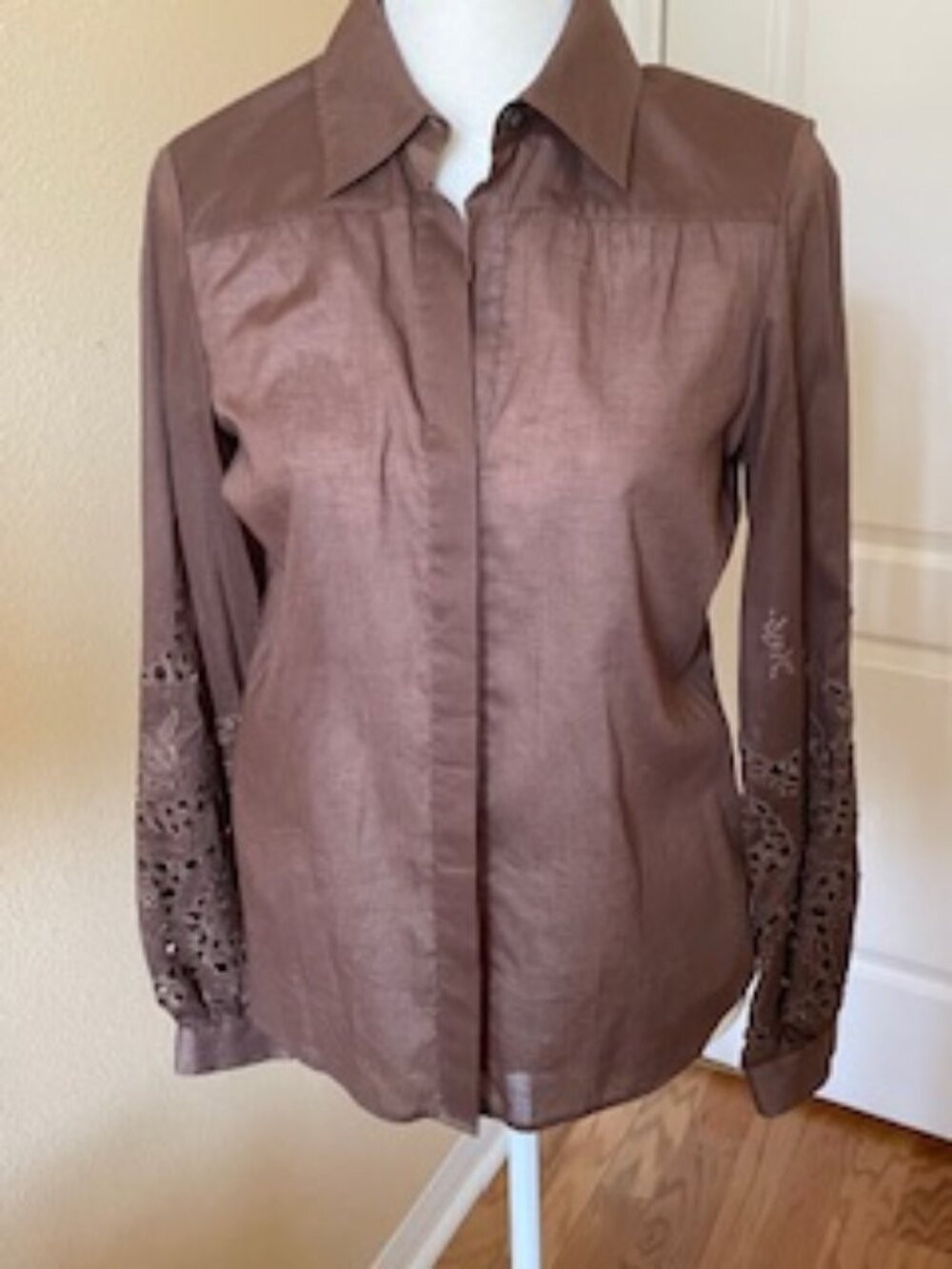Theory Sheer Cotton Brown Long-Sleeved Blouse - Size M